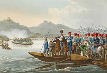 Den allierte hæren krysser Rhinen for å invadere Frankrike, 1813, gravert av Matthew Dubourg (fl.1813-20) fra "Historiske, militære og marineanekdoter", pub. av Edward Orme (1774-c.1820) 1816 (akvatint)